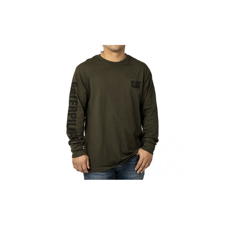 Caterpillar Trademark Banner Long Sleeve T-shirts Heren Army Moss Belgie | WFQXS-5107