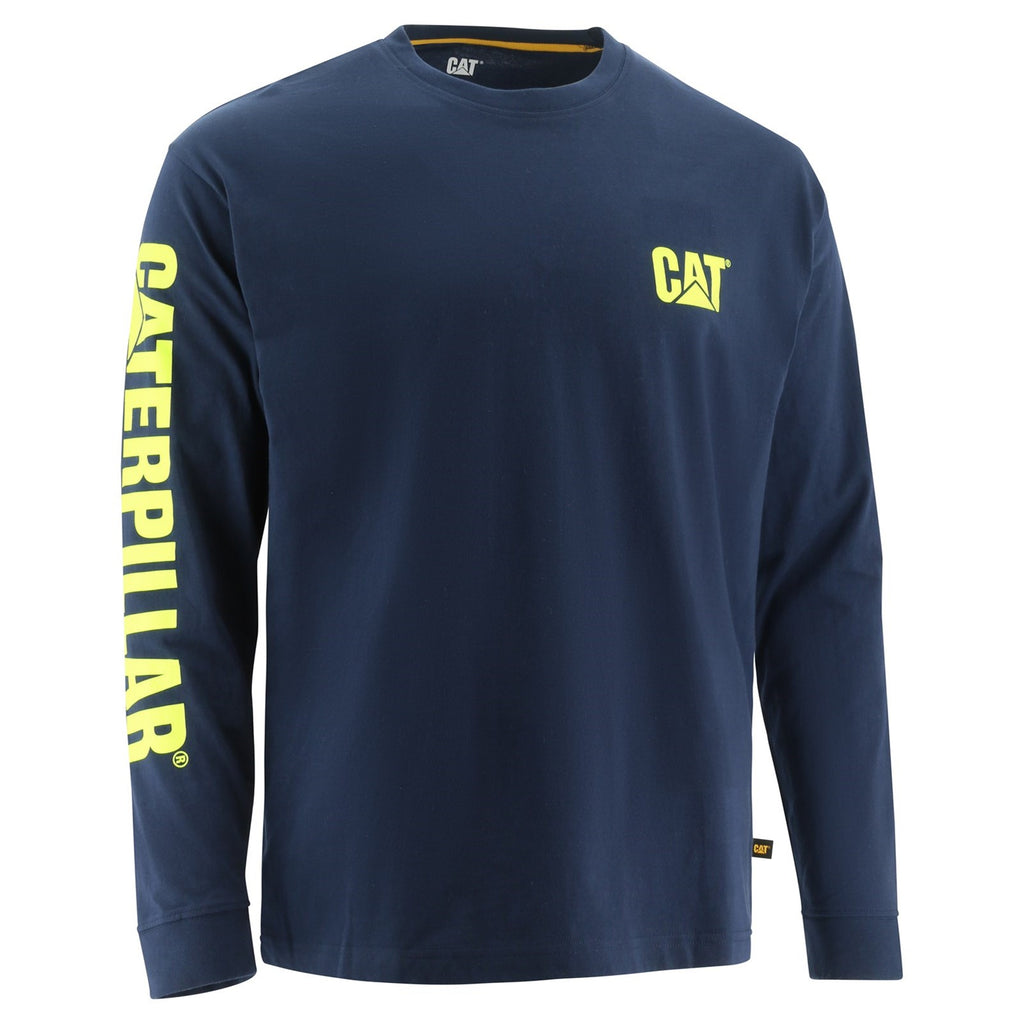 Caterpillar Trademark Banner Long Sleeve T-shirts Heren Blauw Geel Belgie | WQKAR-8975