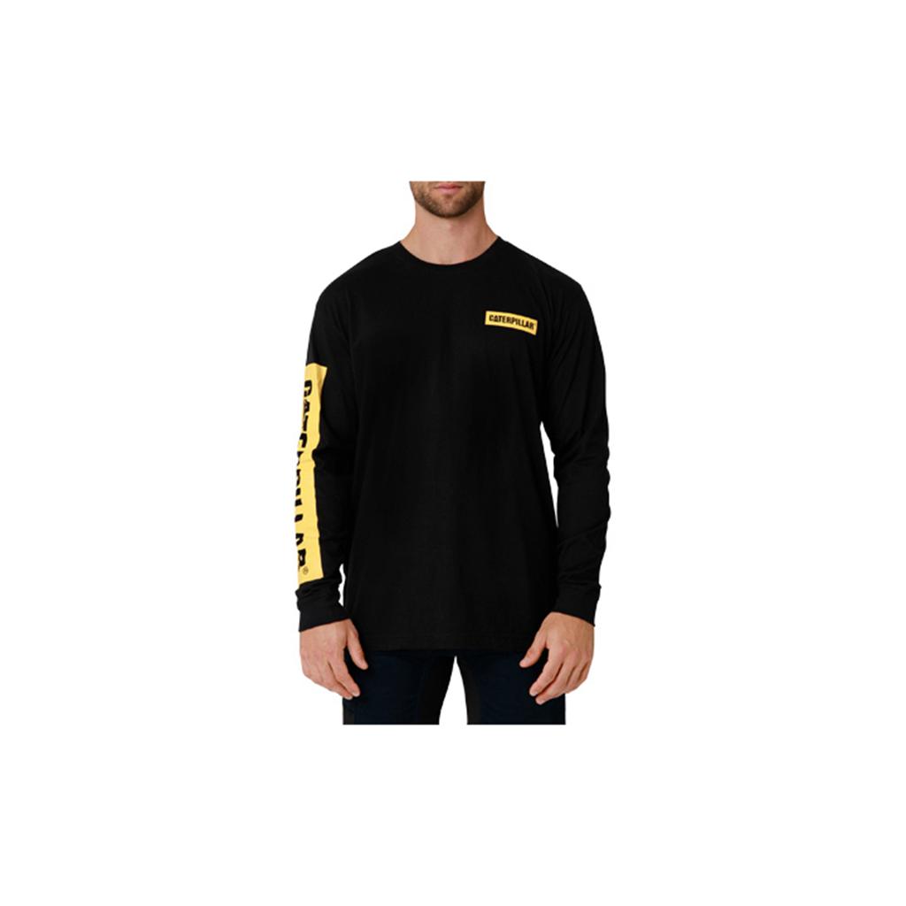 Caterpillar Icon Block Long Sleeve T-Shirts Heren Black/Yellow  Belgie |  PLYHR-9768